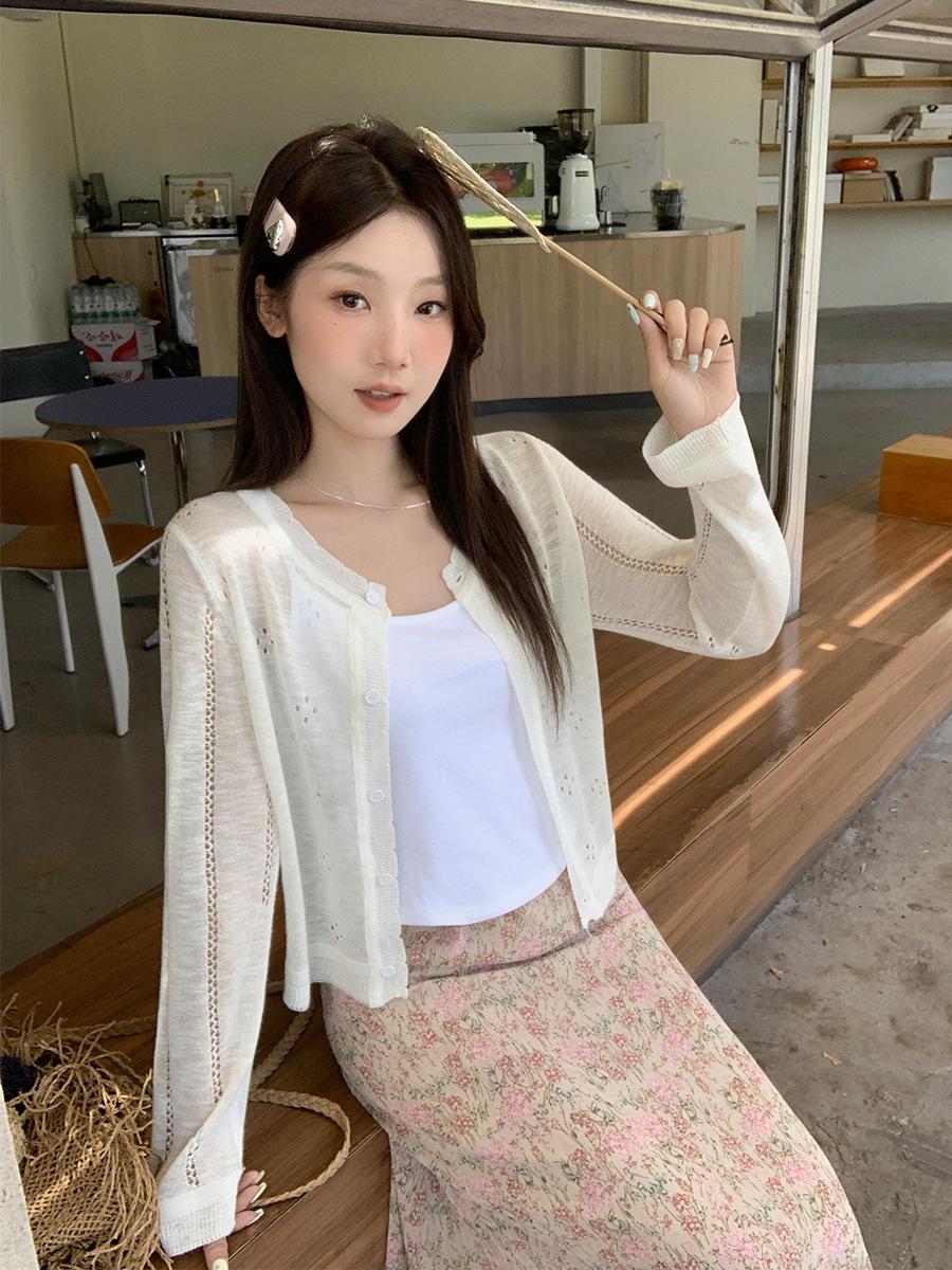

White crew neck cardigan hollow design sense knitted short-sleeved T-shirt women s summer new button-down loose One size fits all