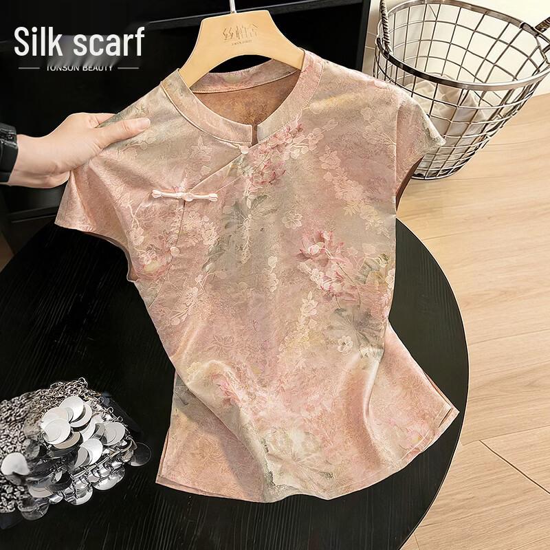 Sisbyshe Women s New Chinese Style Floral Print Short Sleeve Top M