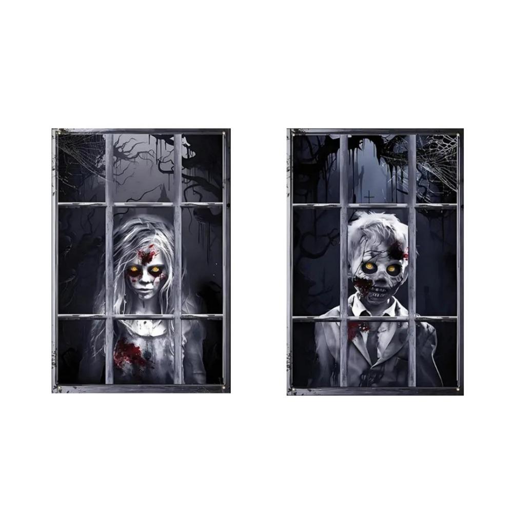 2PCS 2D Flat Scary Halloween Window Cover Super Terrifying Blood-Themed Scary Halloween Backdrops Polyester Fiber