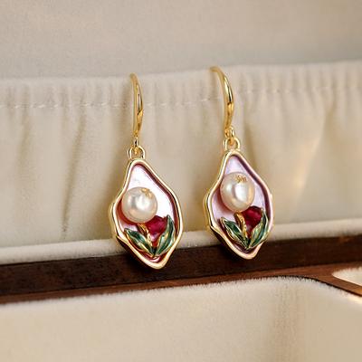 Vintage Oil Painting Style Flower Earrings Fashion Pearl Geometric Drop Earrings For Women Wedding Jewelry Accessories