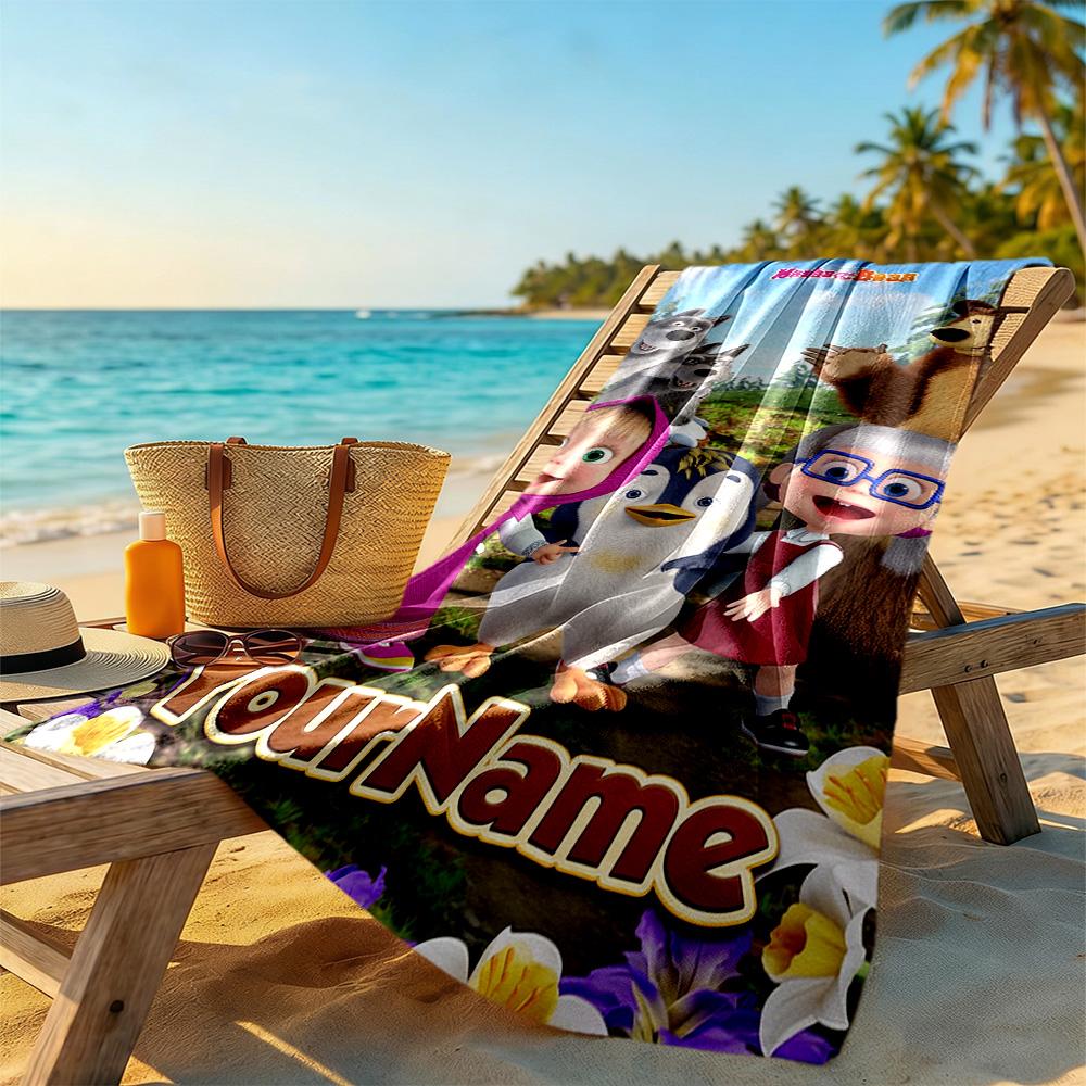 Masha Bear Customize Text Beach Towel Quick-Dry Soft Microfiber Perfect for Traveling Yoga Camping and Swimming