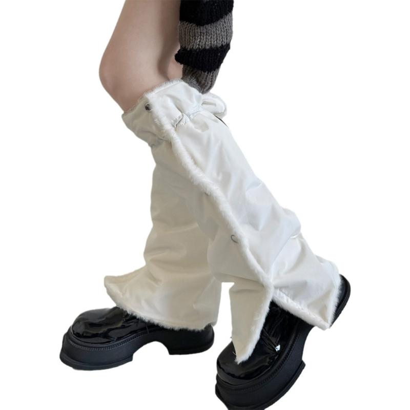 Women's Slouchy Leg Warmers with Side Split Buttons Solid Color Fleece Lined Drawstring Leg Covers Footless Long Socks