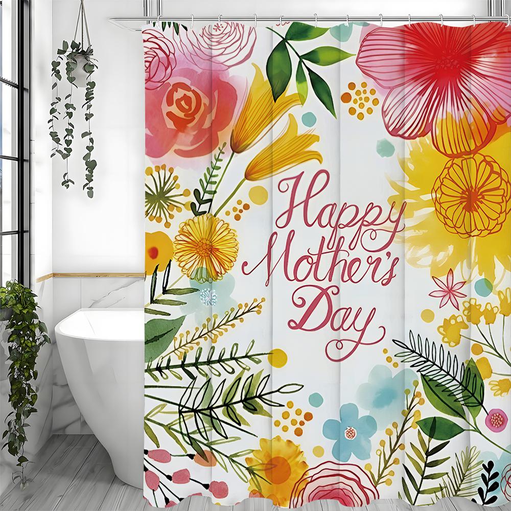 Happy Mother's Day Cartoon Flower Plant Shower Curtain, Bathroom Decorative Shower Curtain, Waterproof Shower Curtain with Hooks