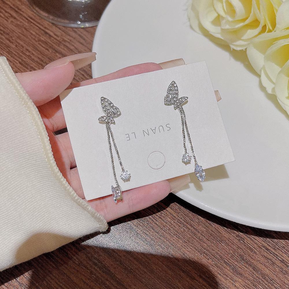 

Korean Style Luxury Zircon Butterfly Tassel Earrings with 925 Silver Studs for Women