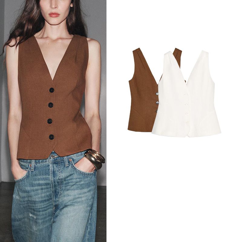 Summer New Women clothes Linen Blend Single Row Multi-Buckle Minimalist All-Match V-neck Sleeveless Vest 3503586