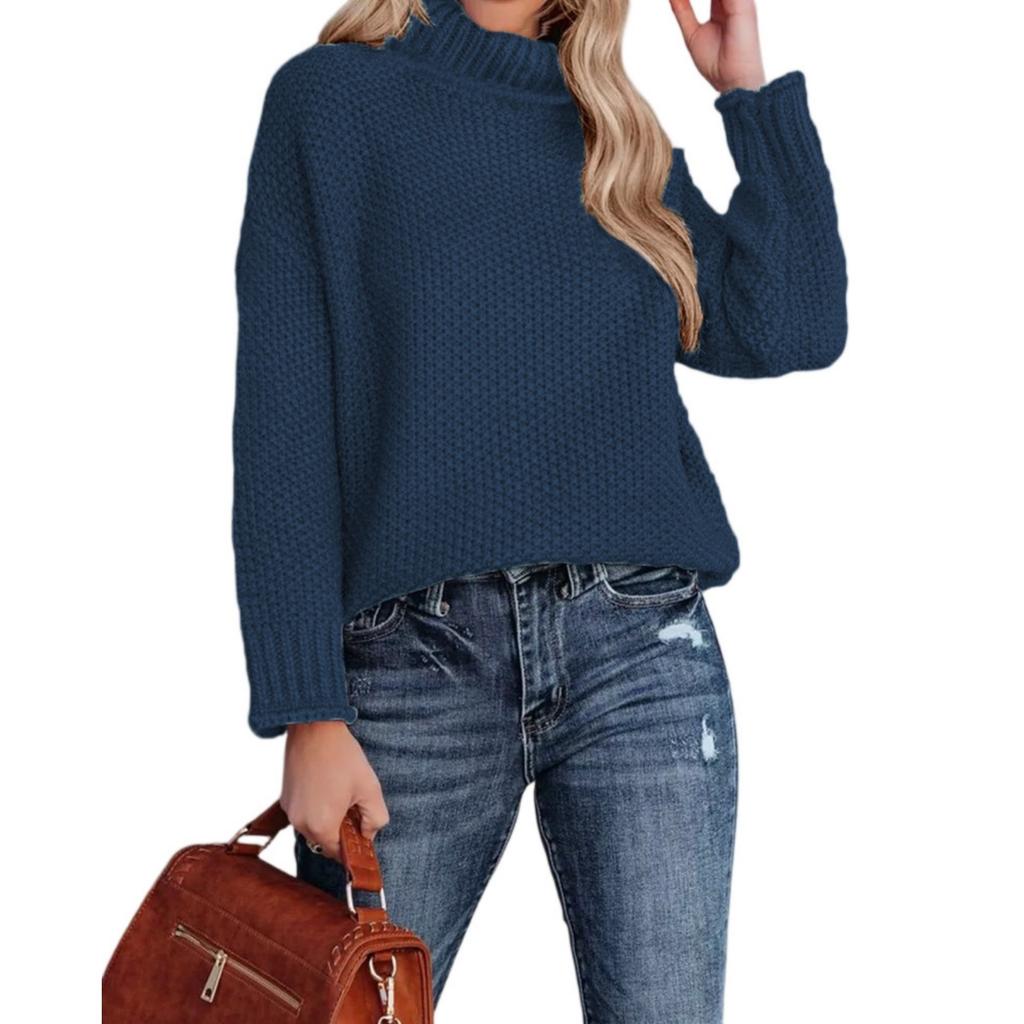 Fashionable Women's High-neck Knitted Sweater With Long Sleeves And Rolled Hem