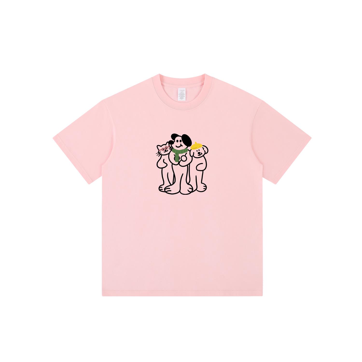 

Женская футболка с коротким рукавом с мультяшным принтом животных 2024 - Летний чистый хлопок, Универсальный американский уличный повседневный стиль L розовый