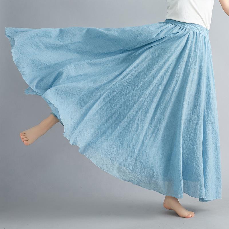 2024 Japan & Korea Loose Cotton-Linen Elastic Waist Midi Skirt – Solid Color A-line Swing Skirt