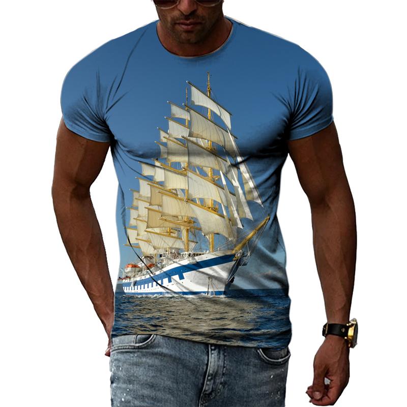 

Летние футболки с рисунком «Парусник в море» Мужская мода Повседневная личность 3D-принтер с круглым вырезом с коротким рукавом Уличная одежда Футболки Топы XL