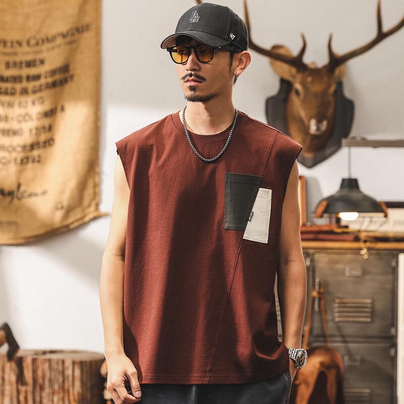 Men s American Retro Cotton Color Block Loose Sleeveless Vest XL