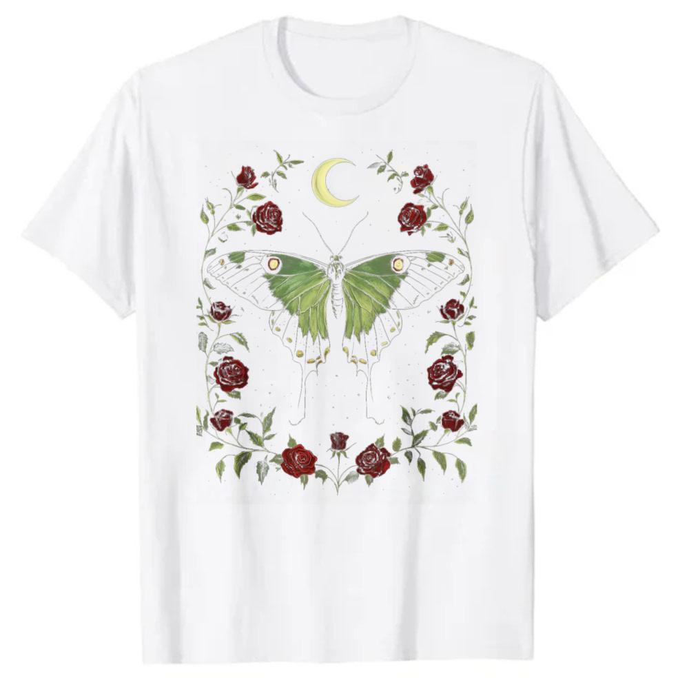 Dark Academia Green Butterfly Crescent Moon Red Rose Floral Vines Graphic Tshirt Crew Neck Relaxed Fit Soft Cotton Vintage Witc