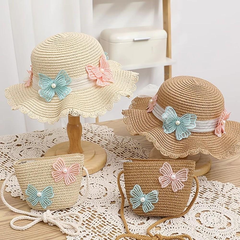 Wide Brim Straw Bag Cap Set Pearl Bow Style Sun Hat Sunscreen Sunshade Hat  for 2-8 Years Kids