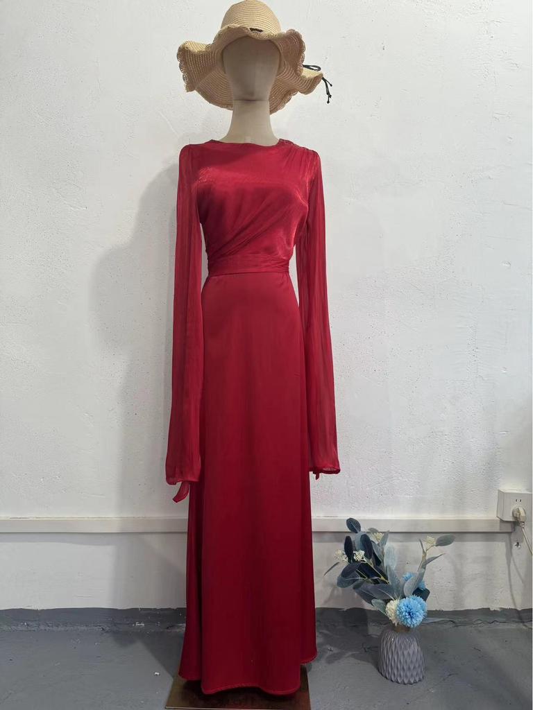 2026 Spring Socialite Slimming Spliced Glass Yarn Long Sleeve Satin Dress
