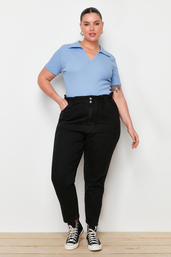 Damen-Jeans in Übergröße, modisch, neue Saison, Anthrazit, hohe Taille, elastische Taille, Mom-Jeans