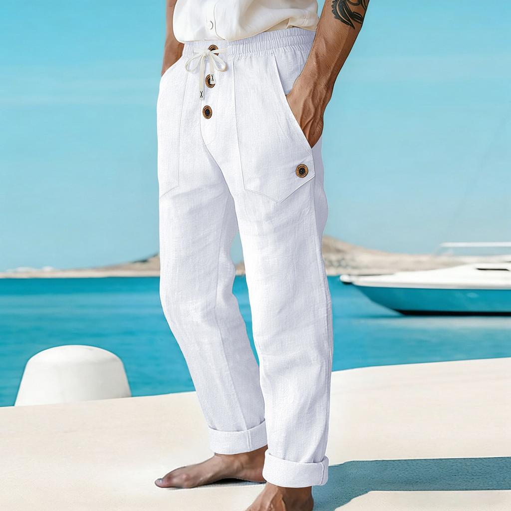 Men's Casual Pants - Large Pocket Drawstring Straight-leg Pants