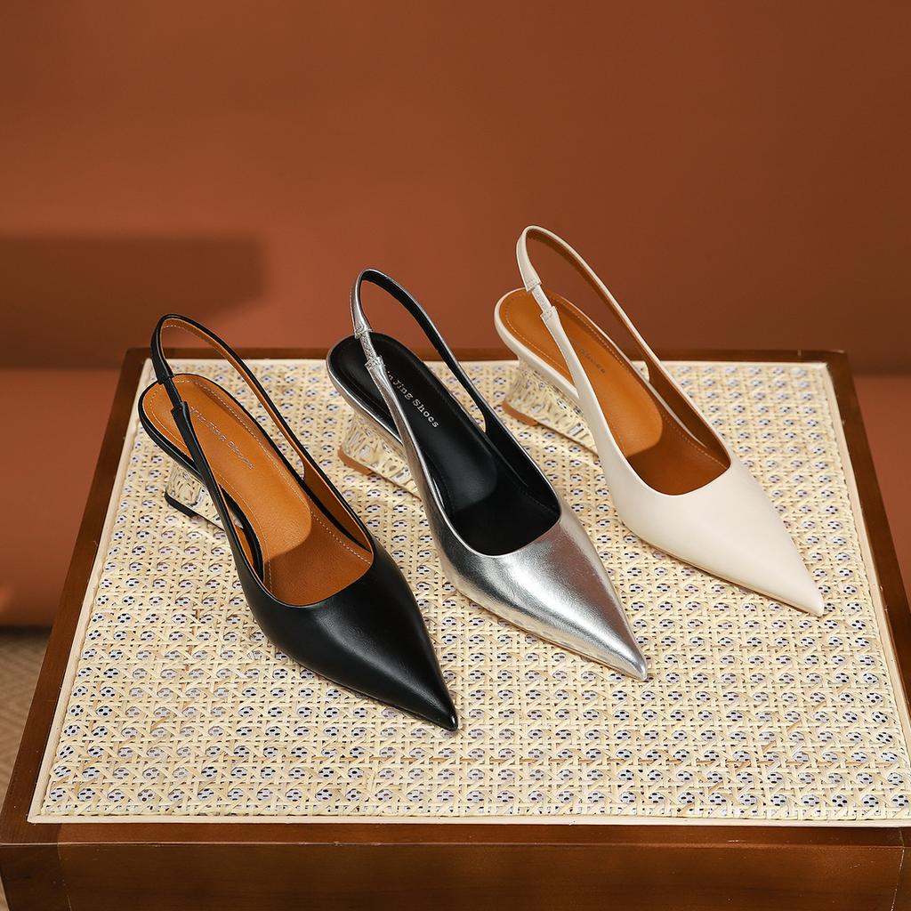 Fashion Luxury Wedges Silver Sandals Woman Slingback Block High Heels Shoes Ladies Office Rear Strap Sandalias Pointed Toe Tacones Mujer