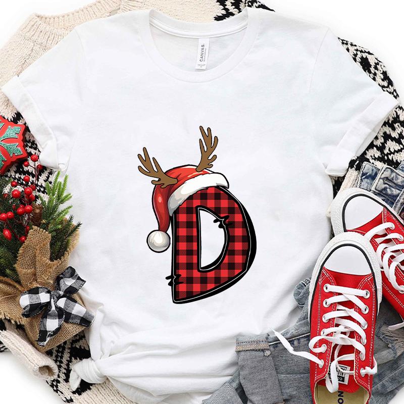 Christmas Alphabet AZ Letter Print Womens Tshirt Santa Graphic Casual Holiday Fashion Top Xmas Party Tees shirt for Women