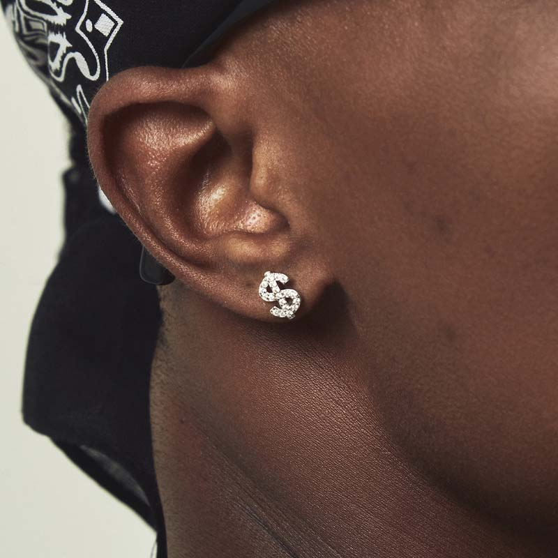 New Gothic Copper Zircon Dollar Symbol Stud Earring for Men Women Hip Hop Gold Color Plated Earrings Design Jewelry Gifts