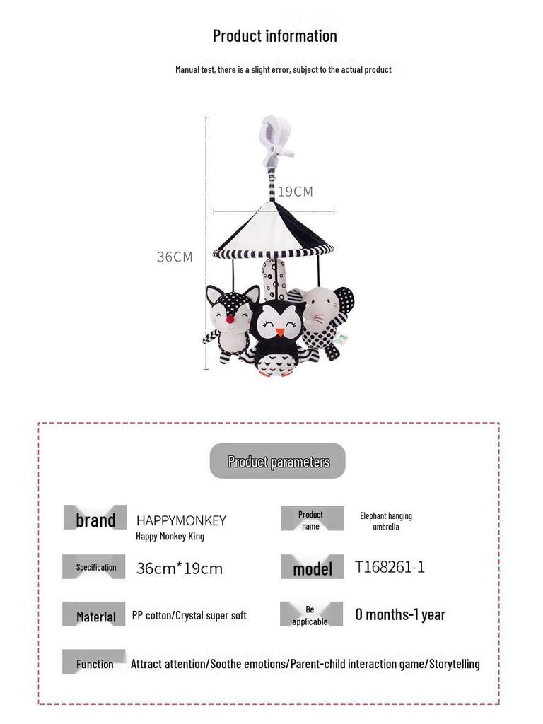 Happy Monkey Black & White Newborn Crib Mobile: Rotatable Wind Chime & Stroller Hanging Toy