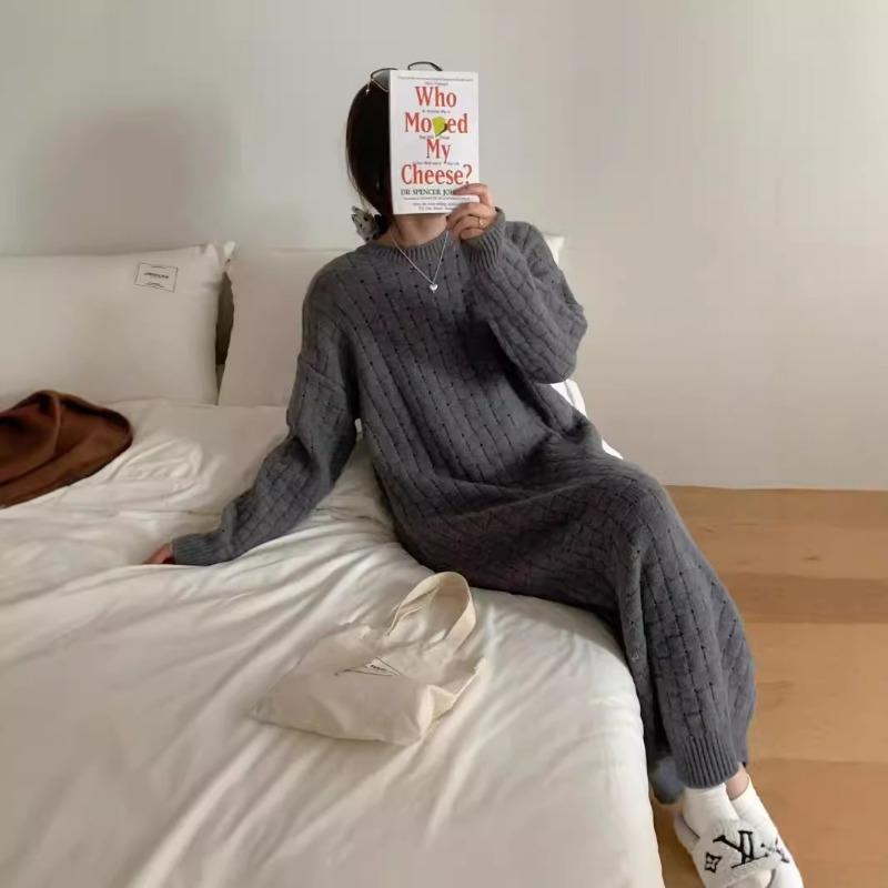 Temperament round neck loose knitted dress women's autumn and winter new fashion casual inside with backing sweater skirt