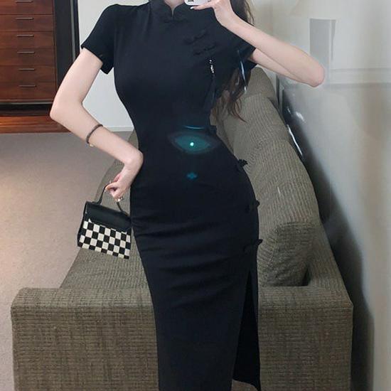 

Summer Retro Buttoned Cheongsam Black Dress with Waist Slit XL (suggested for 55-60 kg) чорний