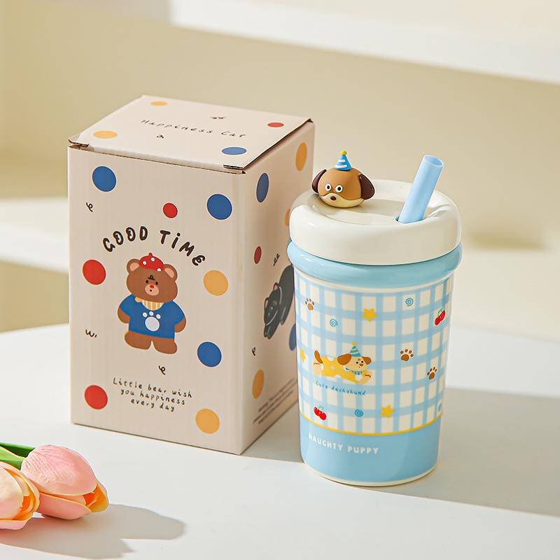Girl's Heart Cute Pet Mug Cute Straw Ceramic Cup with Lid Spoon Girls Coffee Milk Cup Birthday Gift