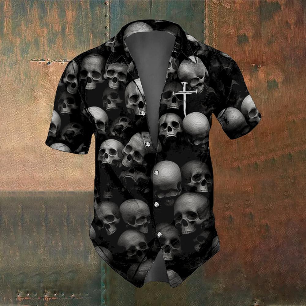Skull Summer Men's Short Sleeve Shirt Street Fashion Tops Rose Skull Pattern Men's Casual