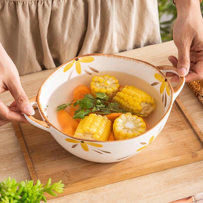Household minimalist style ceramic soup bowl Japanese yellow flower painted tableware double ear large bowl salad bowl