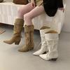 Pointed But Knee High Boots Women's Boots 2025 Autumn and Winter New Suede Retro Thick Heel Lace-up Long Tube Stacking Boots