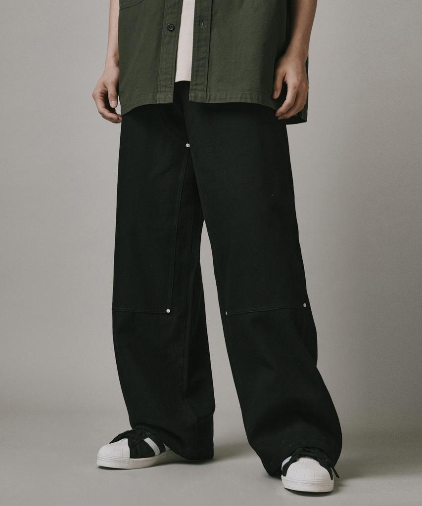 Beodeonteu Double Layer Carpenter Wide Cotton Pants [Black]