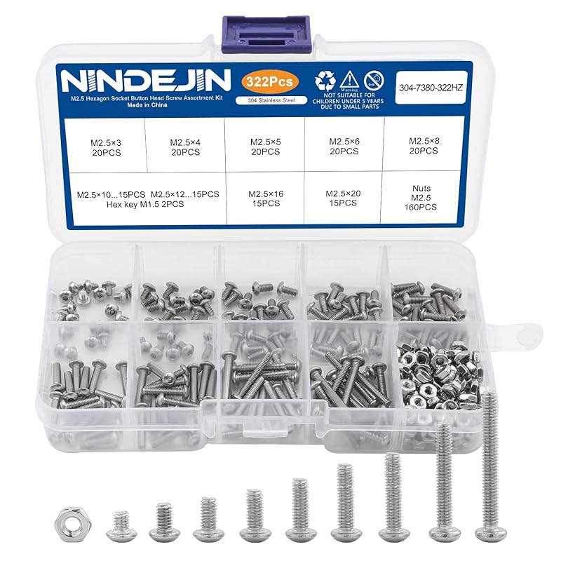NINDEJIN Metric Button Head Socket Cap Screw Bolts & Flat Washers & Nuts Assortment Kit M2 M3 M4 M5 Stainless Steel Machine Screws Set and Wrench,
