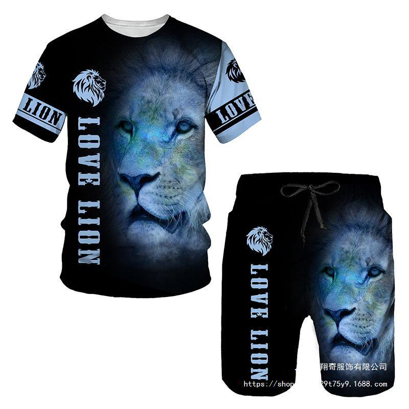 Summer Round Neck 3D Lion Printed Set Fashionable and Casual Short Sleeved Shorts Men's Clothing Sets Sport Wear