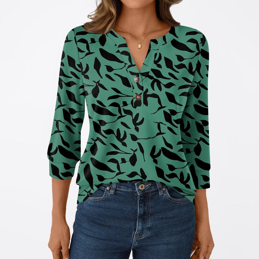 Damesmode Casual 3/4 Mouw T-shirt Prints V-hals Knoop Top