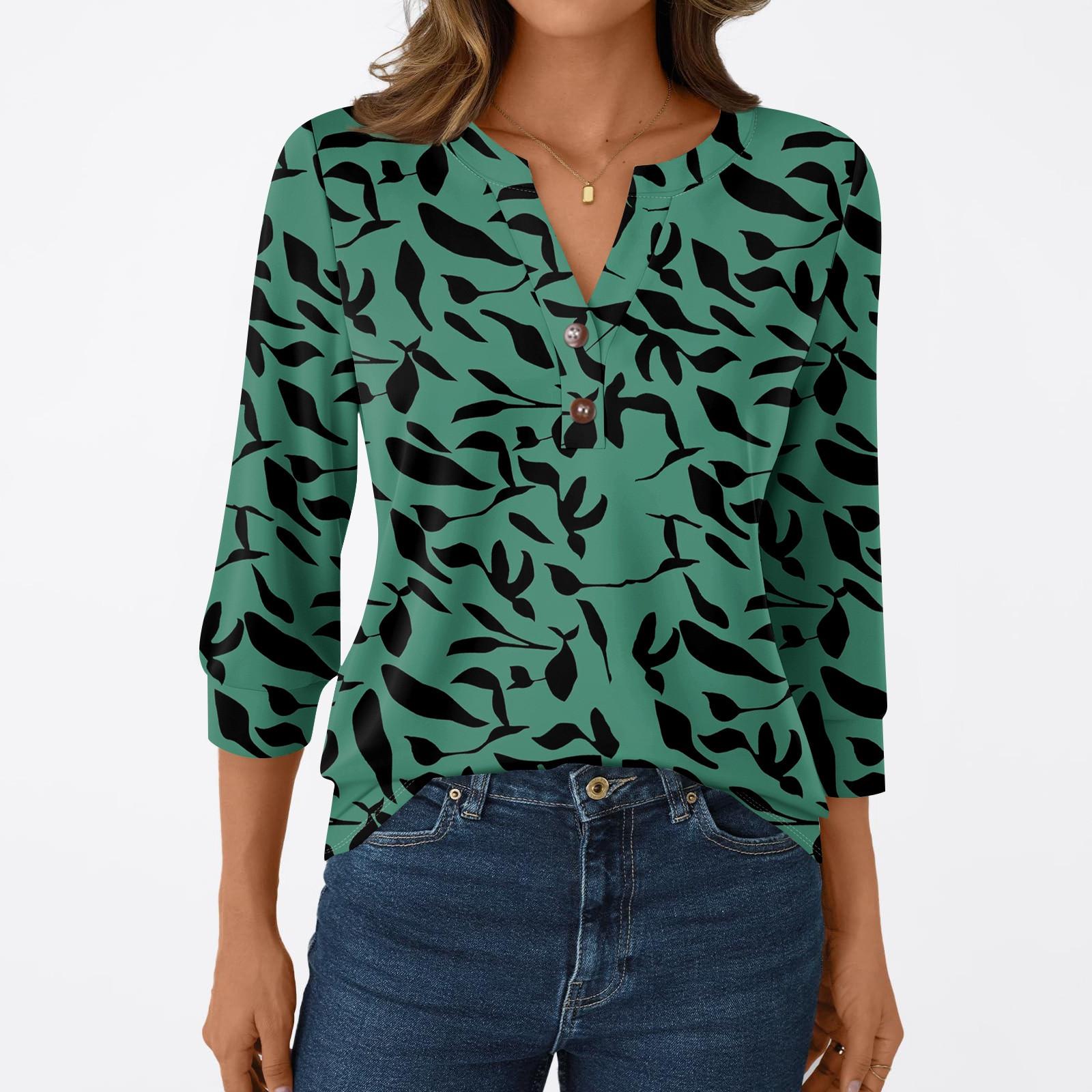 

Женская модная повседневная футболка с рукавом 3/4, с принтами, V-образным вырезом и пуговицами XXL