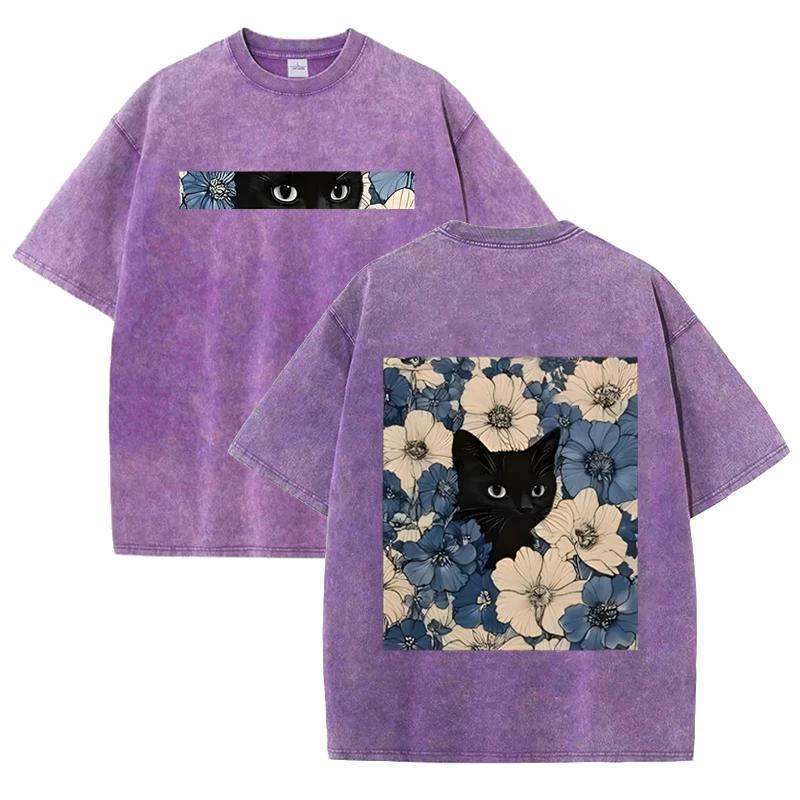 T-shirt Vintage Nera Lavata Gatto Floreale Stampa Double Face Streetwear Casual