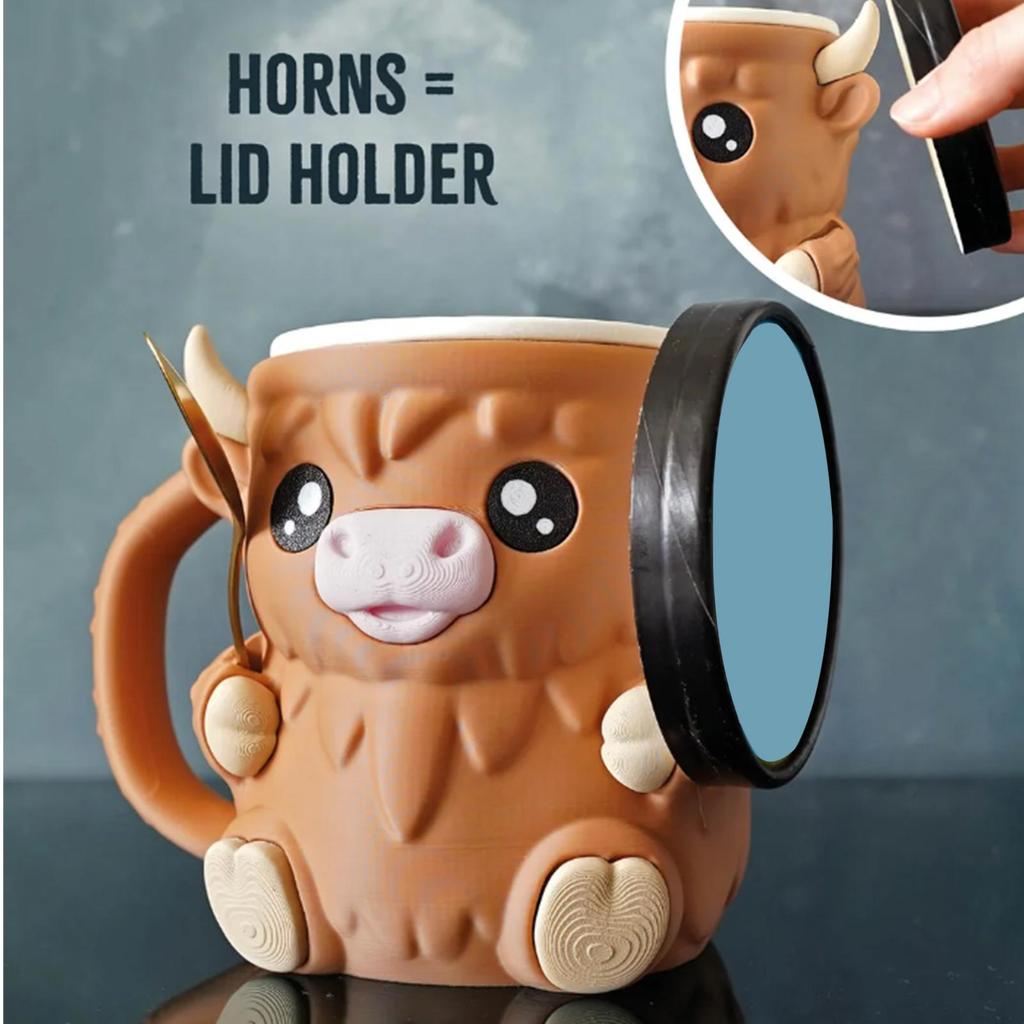 3D Printed Cute Highland Cow Ice Cream Pint Holder Leak-Proof Antifreeze Handle Perfect for Ice Cream Containers Beer Can Sleeve