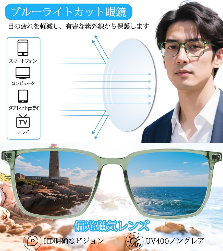 Green Glasses with Blue Light Blocking and Magnetic Polarized Lenses Glasses for Outdoor and Driving [OCCI CHIARI] Square-Shaped - Men's Reading,