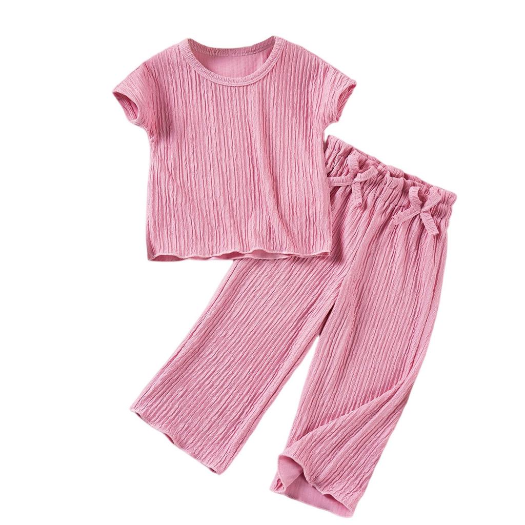 Girls' Solid Color Set - Short Sleeve Top & Pants Outfit