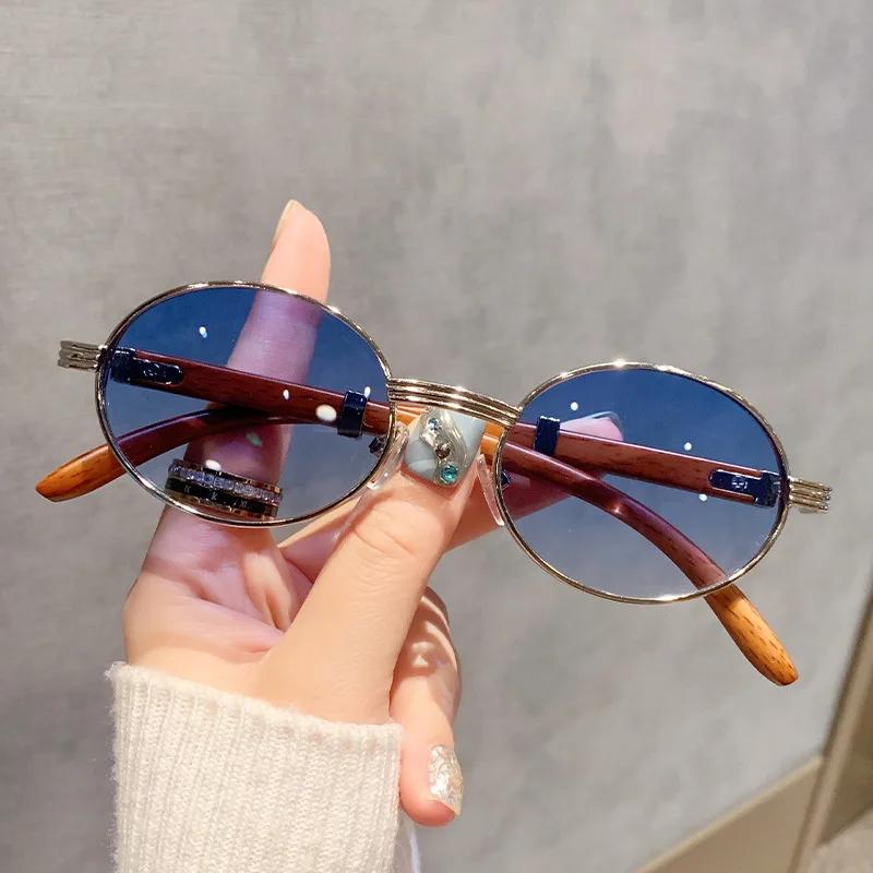 Retro Women Instagram Sunglasses Wood Grain Leg Oval Frame Sunglasses Sun Shading Sun Protection UV Protection Sunglasses