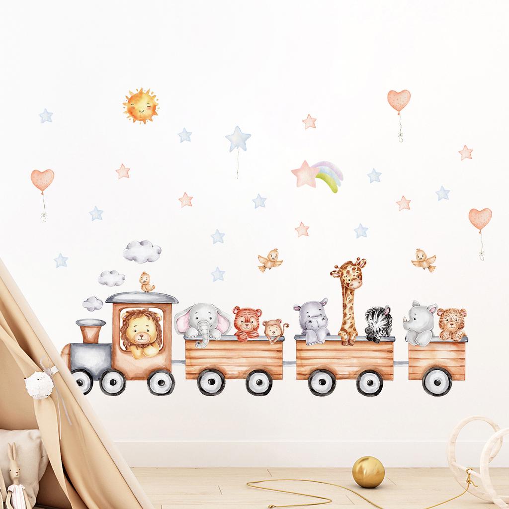 Children's Room Wall Stickers Cartoon Animals on Train Airplane Hot Air Balloon Wall Decals Baby Nursary Kindergarten Decoration