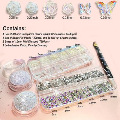 Joias para Nail Art Flor Pequena Arco Aurora Rebite de Pérola Pequenos Acessórios Super Brilhante Pequeno Diamante Conjunto Misto de Unhas com 12 Compartimentos