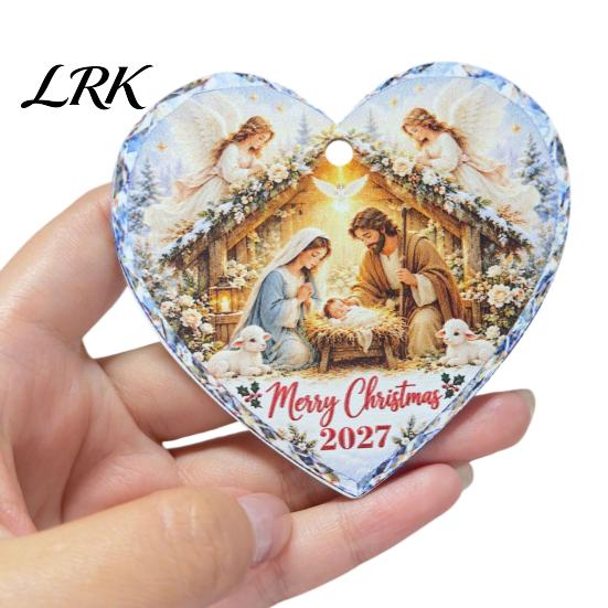 Christmas Fireplace Decorative Accents Wooden Nativity Hanging Ornament for Tree Decorations, Retro Religious Heart Shaped Pendants Scene Garland