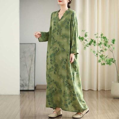 Real Early Autumn New Color Holiday Style Travel V-neck Retro Long Dress Covering Meat Cotton and Linen Dress