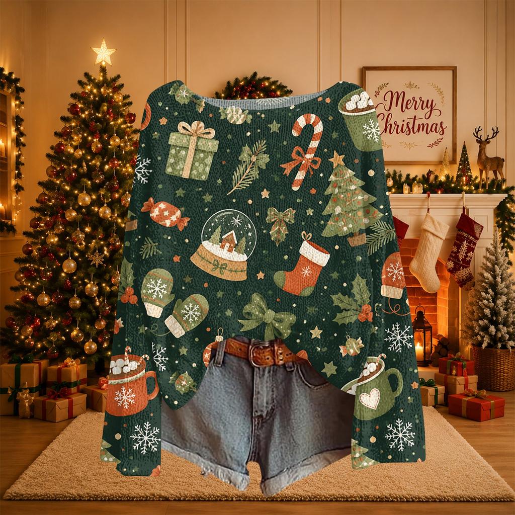 Damen Weihnachtsdruck Leichter Strickpullover Langarm Lässiger Pullover Top