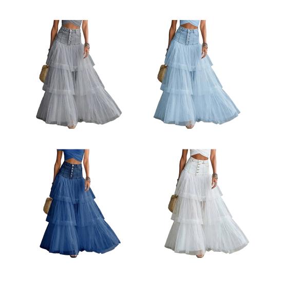 Women Skirt, High Waist Mesh Splicing Skirt, Soft Breathable Patchwork Hip Covering Versatile Maxi Skirt for Party Beach Wedding Night Out