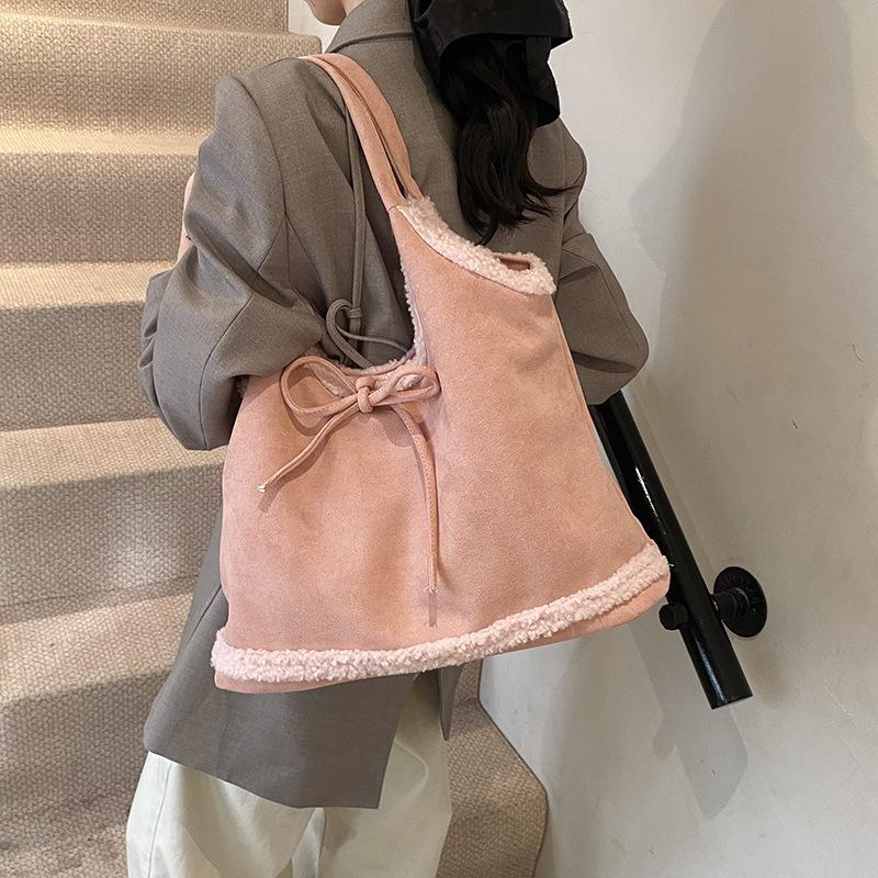 Korean niche lamb wool splicing underarm bag bow retro lazy large capacity shoulder commuter tote bag