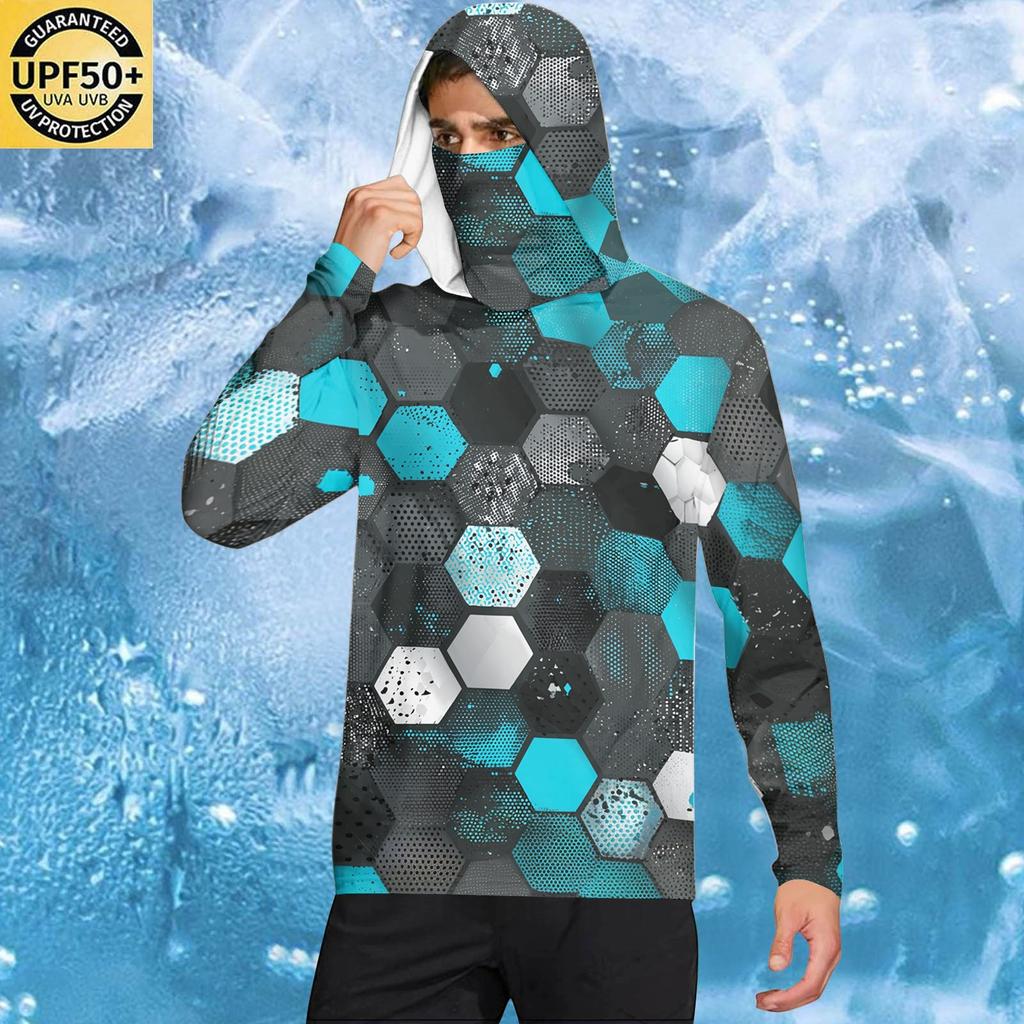 Men's Casual Geometric Print Hooded Long Sleeve Sun Protection Shirt Lightweight Breathable Fabric for Outdoor Activities
