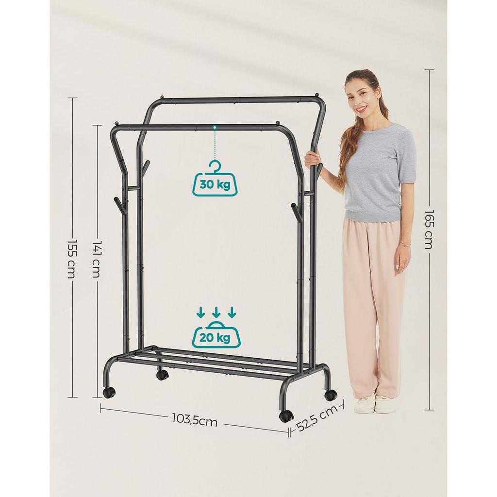 SONGMICS Clothes Rail, Clothes Rack, Double Clothes Hanging Rail, Heavy-Duty Metal Frame, with Wheels and Shelf, 100 kg Total Max. Load