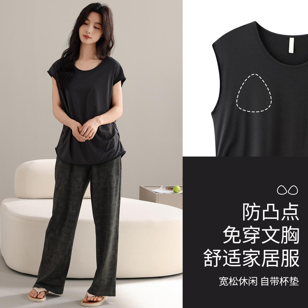 Pajamas with Chest Pads Women's Summer 1011 New Lyocell Cotton Short-sleeved Trousers Tencel Cotton Cool Soft Loungewear