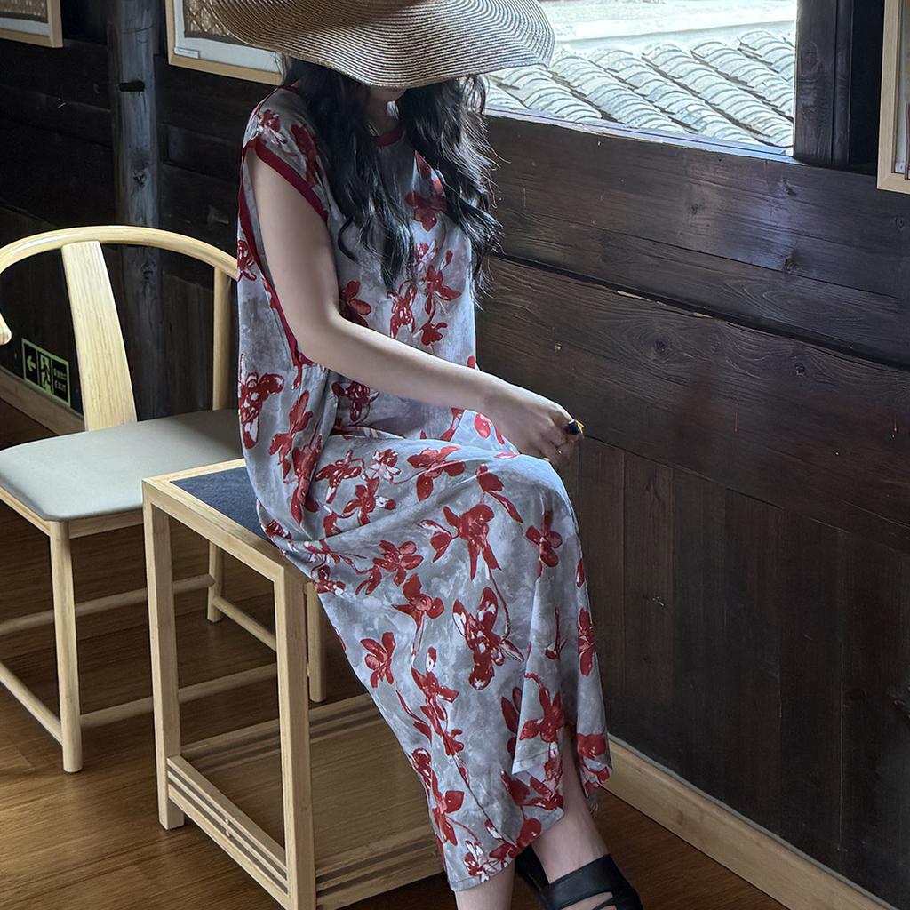 French retro printed nightdress women's summer cotton and silk loose loungewear high-end dress vacation dress can be worn outside
